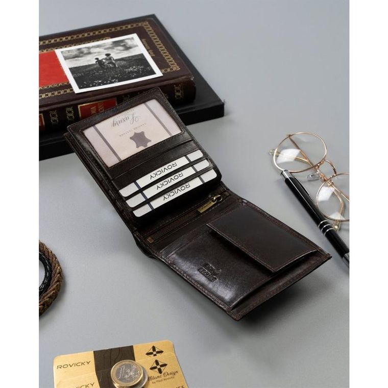 Portfel, brązowy, skórzany, RFID, Rovicky