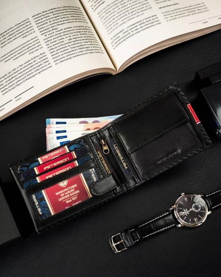 Portfel, czarno-czerwony, skórzany, Peterson