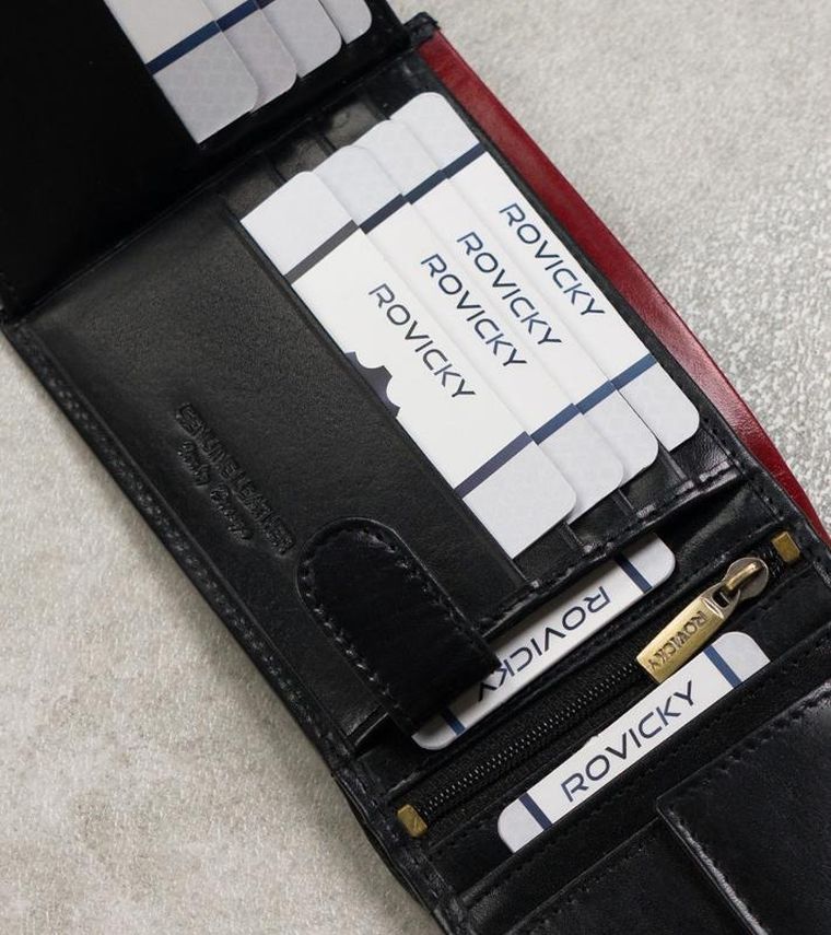 Portfel, czarno-czerwony, skórzany, RFID, Rovicky