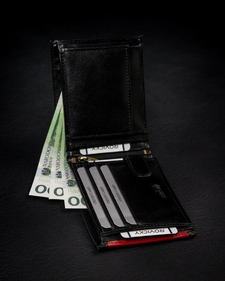 Portfel, czarno-czerwony, Skórzany, RFID, Rovicky