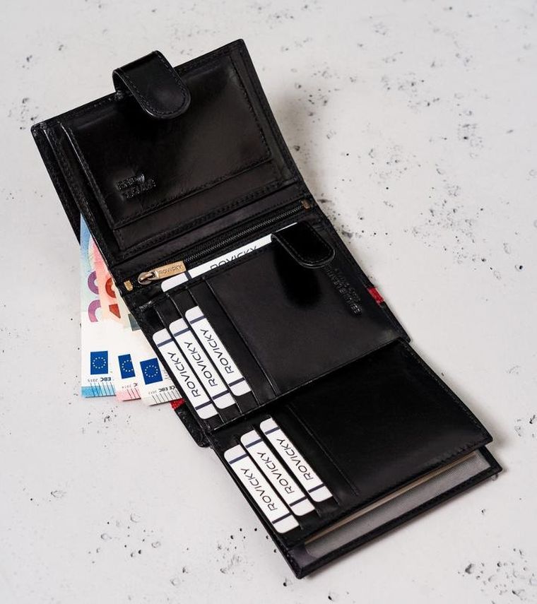 Portfel, czarno-czerwony, skórzany, RFID, Rovicky