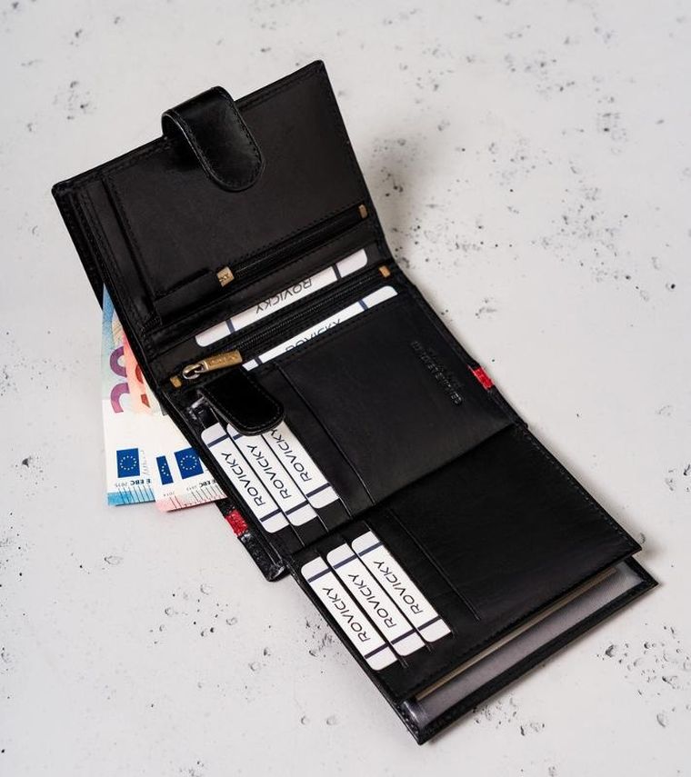 Portfel, czarno-czerwony, skórzany, RFID, Rovicky