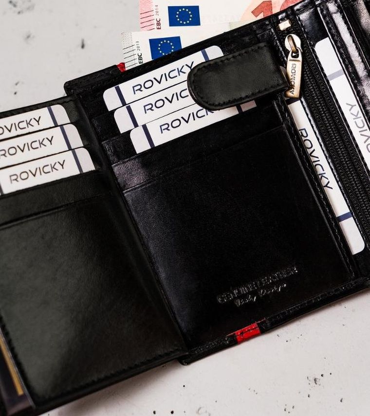 Portfel, czarno-czerwony, skórzany, RFID, Rovicky