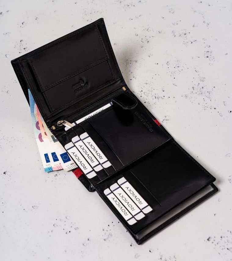 Portfel, czarno-czerwony, skórzany, RFID, Rovicky