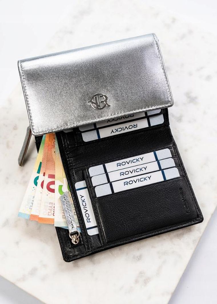 Portfel, czarno-srebrny, skórzany, Rovicky