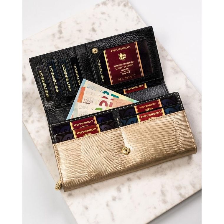 Portfel, czarno-złoty, skórzany, RFID, Petereson