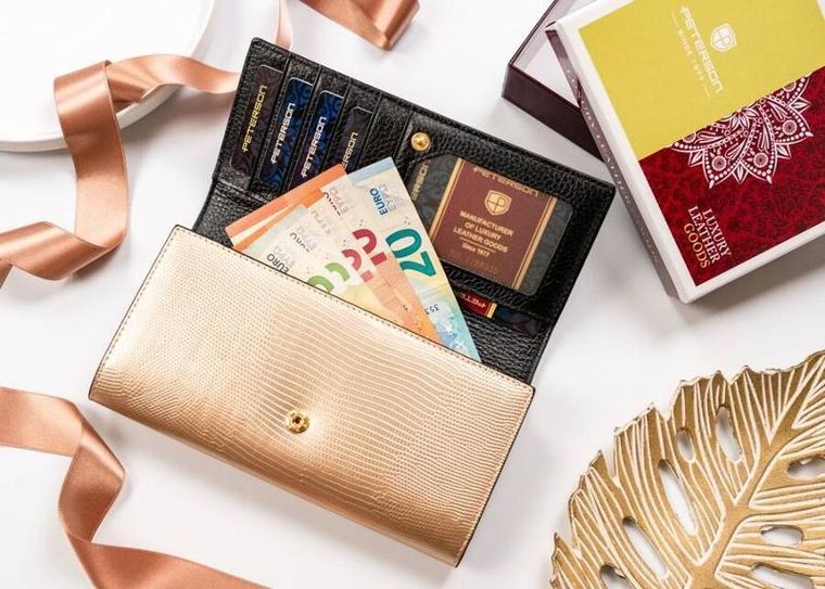 Portfel, czarno-złoty, skórzany, RFID, Peterson