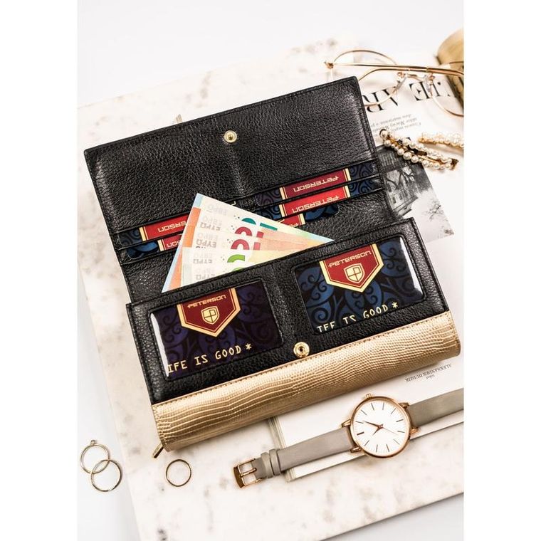 Portfel, czarno-złoty, skórzany, RFID, Peterson
