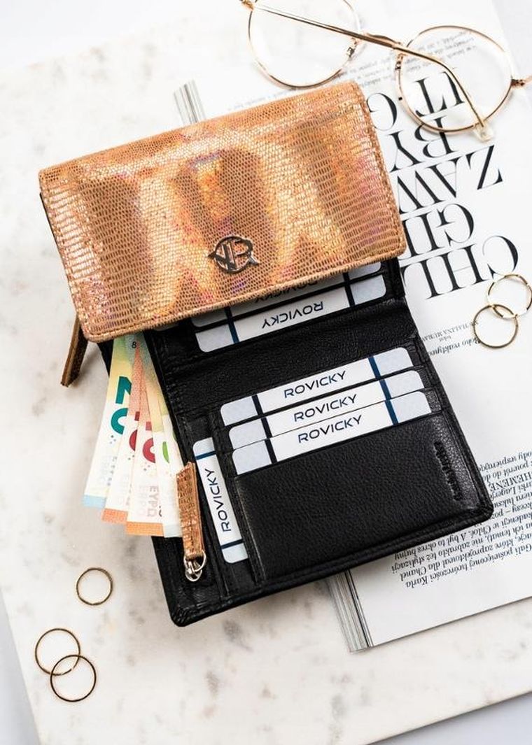 Portfel, czarno-złoty, skórzany, Rovicky