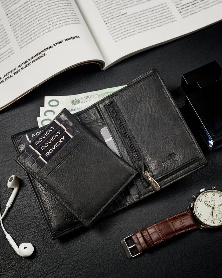 Portfel, czarny, skórzany, RFID, Rovicky