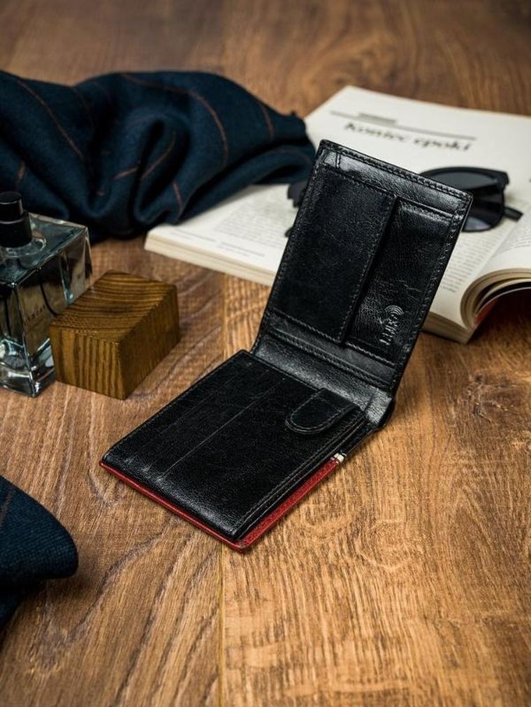 Portfel, czerwono-czarny, skórzany, RFID, Rovicky