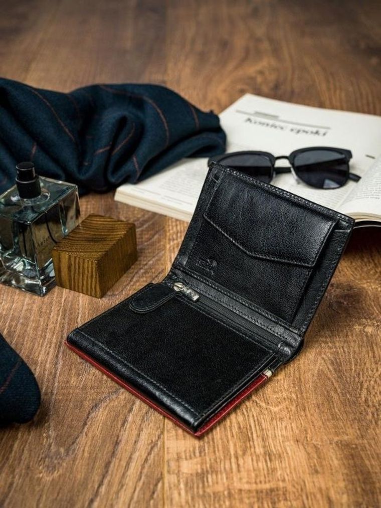 Portfel, czerwono-czarny, skórzany, RFID, Rovicky