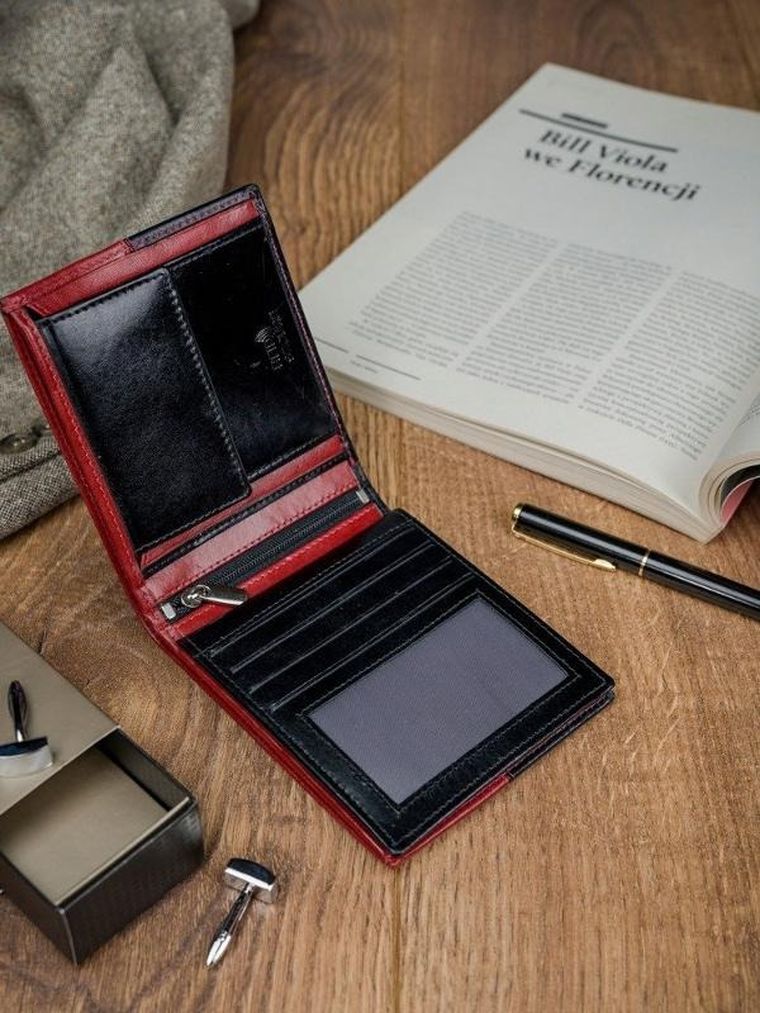 Portfel, czerwono-czarny, skórzany, RFID, Rovicky