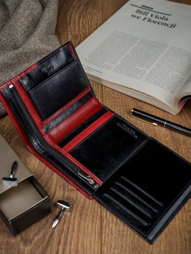 Portfel, czerwono-czarny, skórzany, RFID, Rovicky
