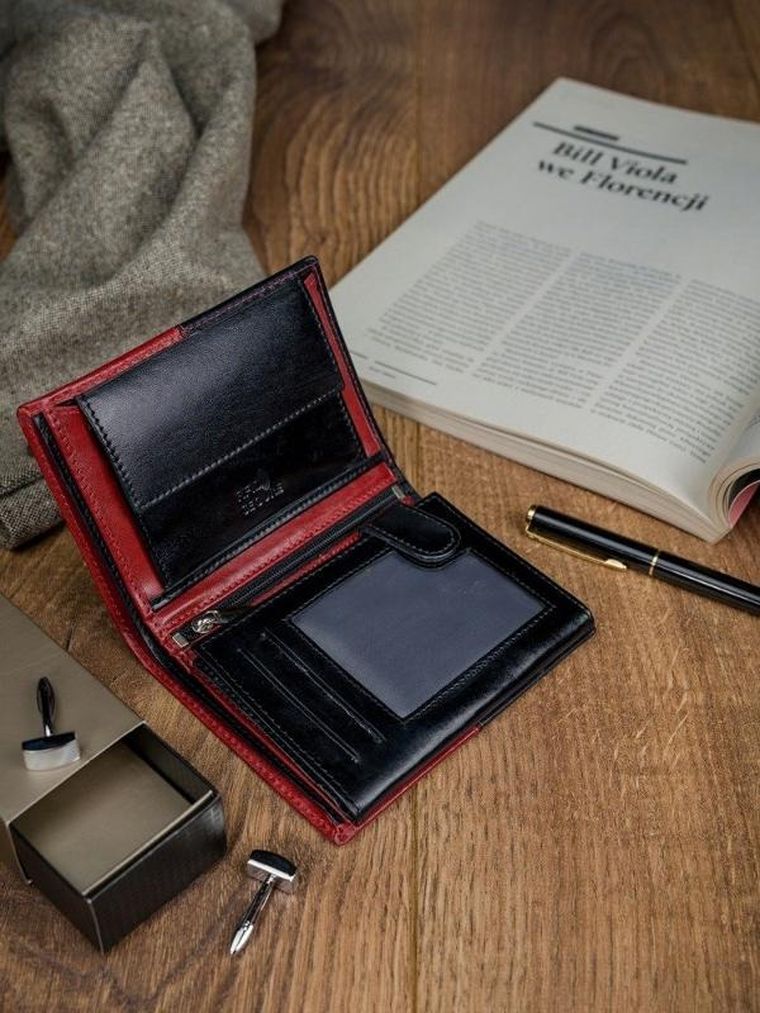 Portfel, czerwono-czarny, skórzany, RFID, Rovicky