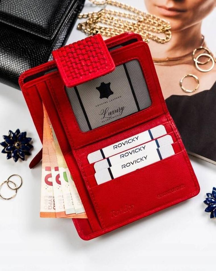 Portfel, czerwony, skórzany, RFID, Rovicky