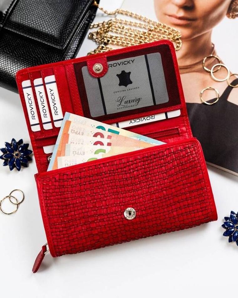 Portfel, czerwony, skórzany, RFID, Rovicky