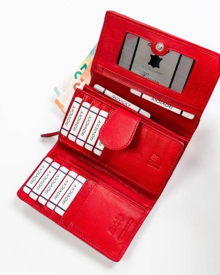 Portfel, czerwony, skórzany, RFID, Rovicky