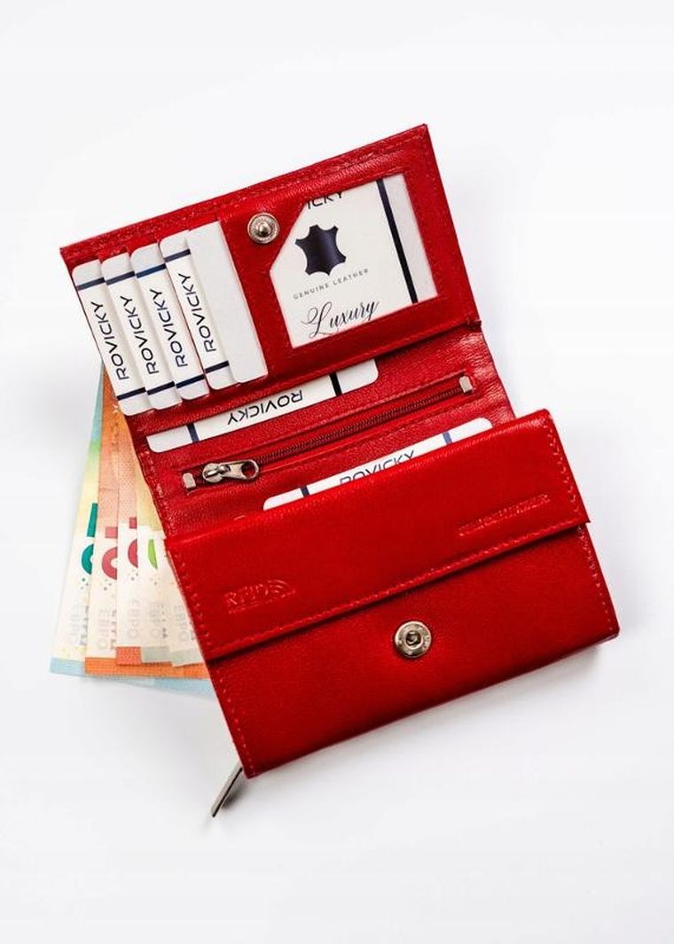 Portfel, czerwony, skórzany, RFID, Rovicky