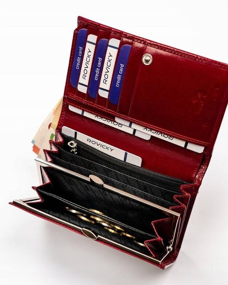 Portfel, czerwony, skórzany, RFID, Rovicky