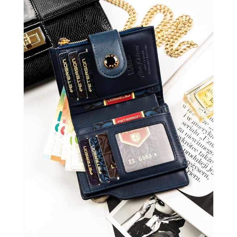 Portfel, granatowy, skóra ekologiczna, RFID, Peterson