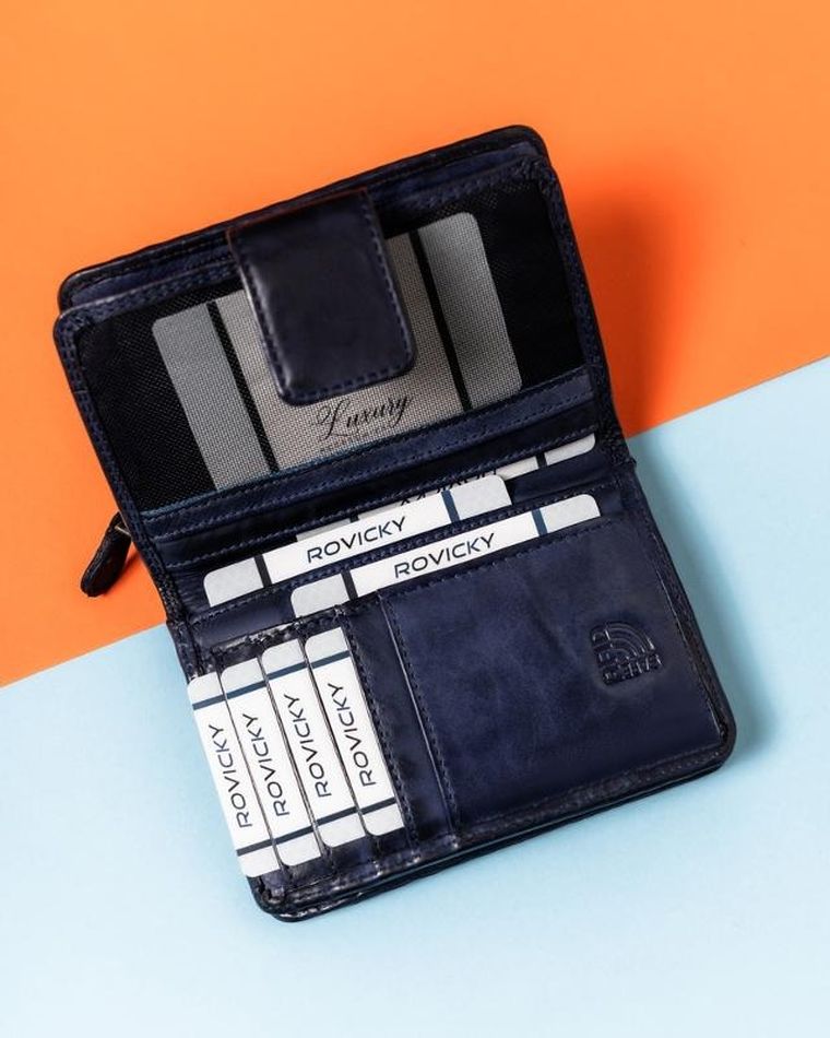 Portfel, granatowy, skórzany, RFID, Rovicky