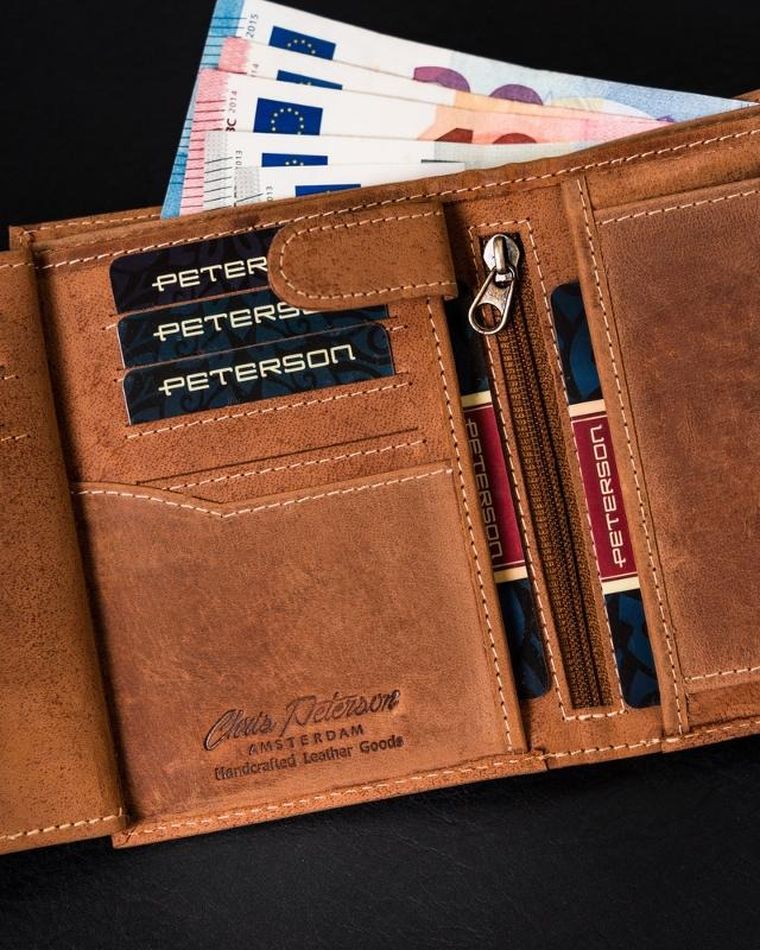 Portfel na karty, brązowy, skórzany, Peterson