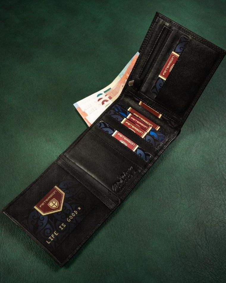 Portfel na karty, czarny, skórzany, Peterson