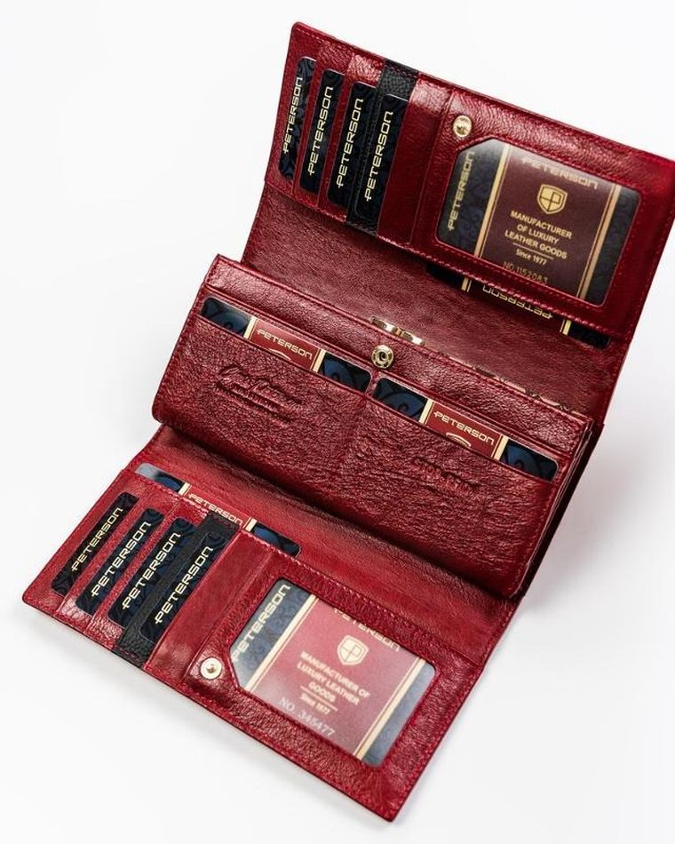 Portfel na karty, czerwony, skórzany, RFID, Peterson