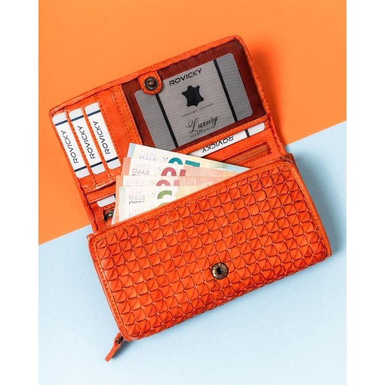 Portfel, pomarańczowy, skórzany, RFID, Rovicky