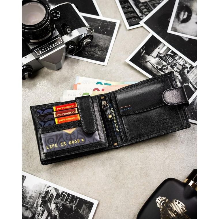 Portfel z brelokiem, czarny, skórzany, Peterson