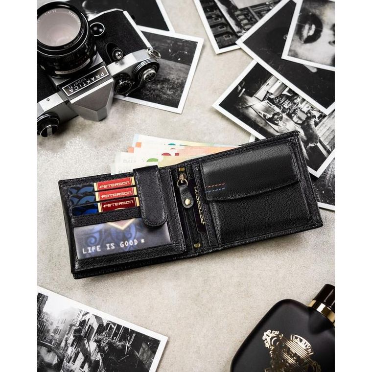 Portfel z brelokiem, czarny, skórzany, Peterson