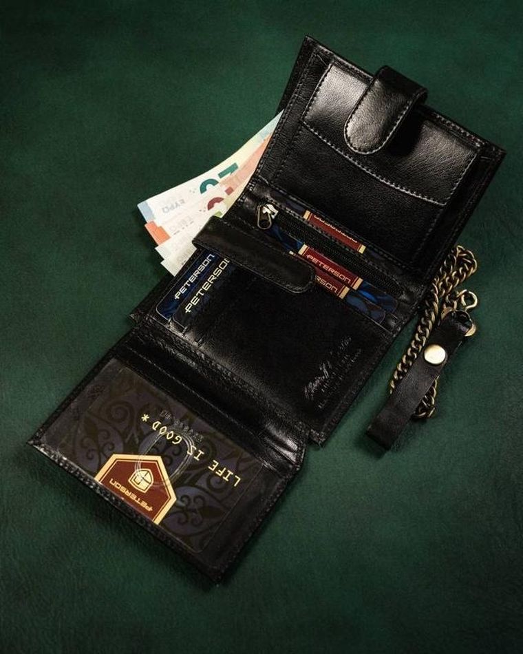 Portfel z łańcuszkiem, czarny, skórzany, Peterson