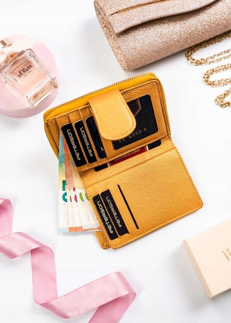 Portfel, złoty, skórzany, RFID, Peterson