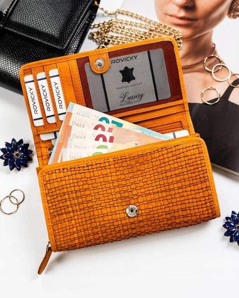 Portfel, żółty, skórzany, RFID, Rovicky