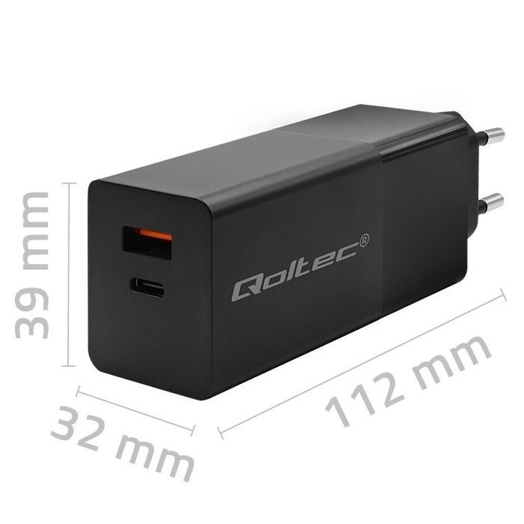 Qoltec, Gan Power Pro, ładowarka, 1XUSB-C, 1XUSB, 100W, 5-20V, 1.5-5A, PD, czarna
