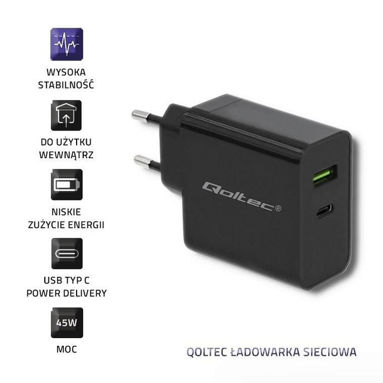 Qoltec Ładowarka Sieciowa 42w, 5-20v, 2.25-3a, USB Typ C Pd, USB, czarna