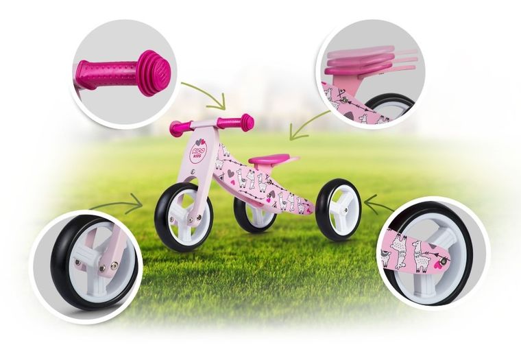 Ricokids, rowerek biegowy, trójkołowy, drewniany, różowy