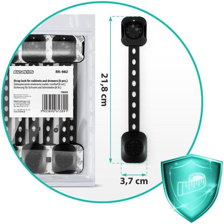 Ricokids, zabezpieczenie otwierania szafek, czarne, 6 szt.