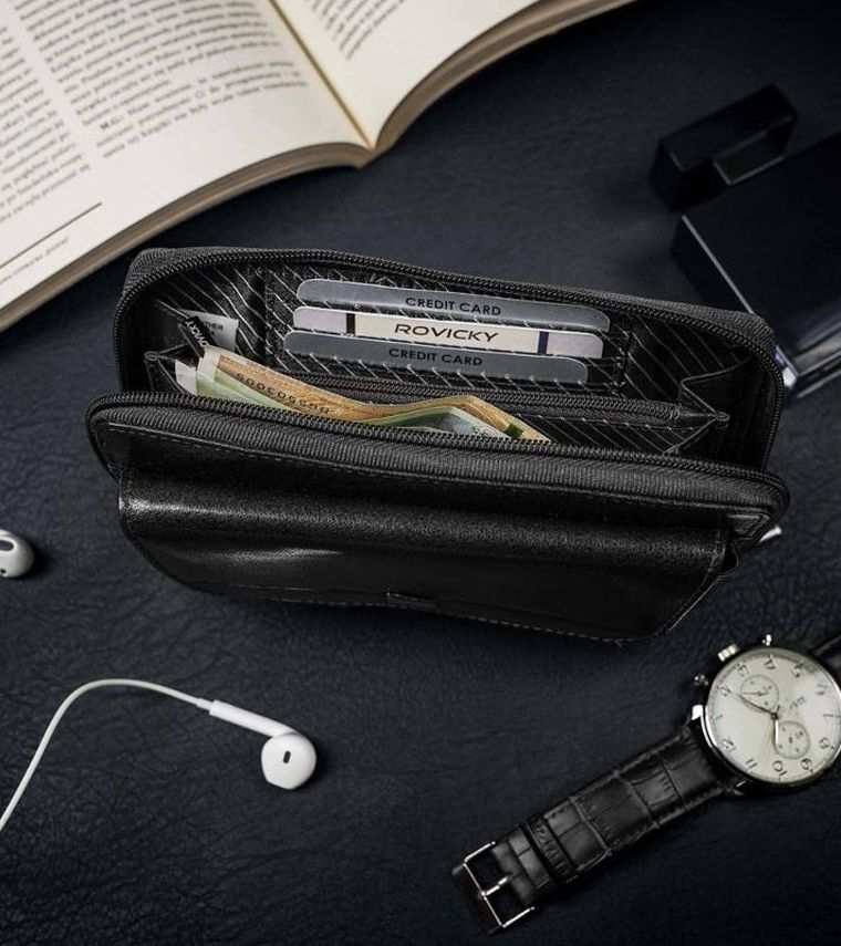 Saszetka-portfel, czarna, skórzana, RFID, Rovicky