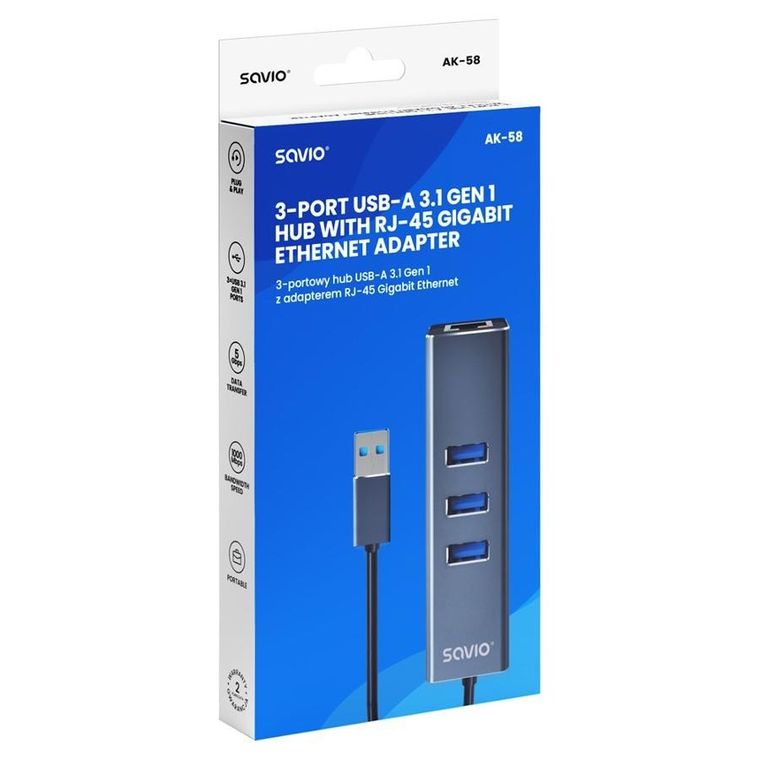 Savio, hub USB-A z adapterem, RJ-45