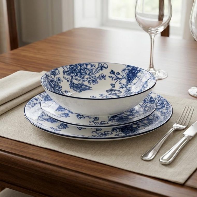 Siaki, Glamt, zestaw ozdobnych talerzy porcelanowych z nadrukiem kwiatowym, 18 elementów