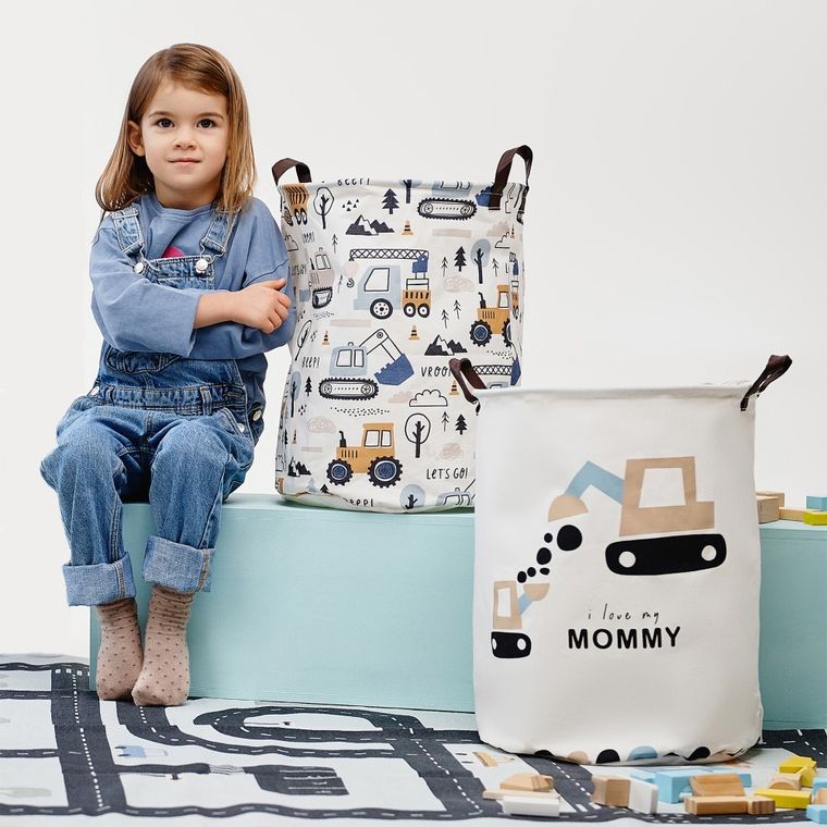 Sipo, kosz na zabawki XL, bawełniany, wodoodporny, zamykany na ściągacz, Koparki