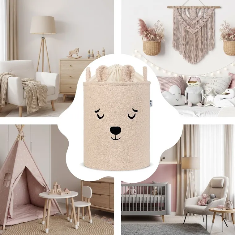 Sipo, Miś, kosz na zabawki XL, premium boucle, zamykany na ściągacz, beżowy