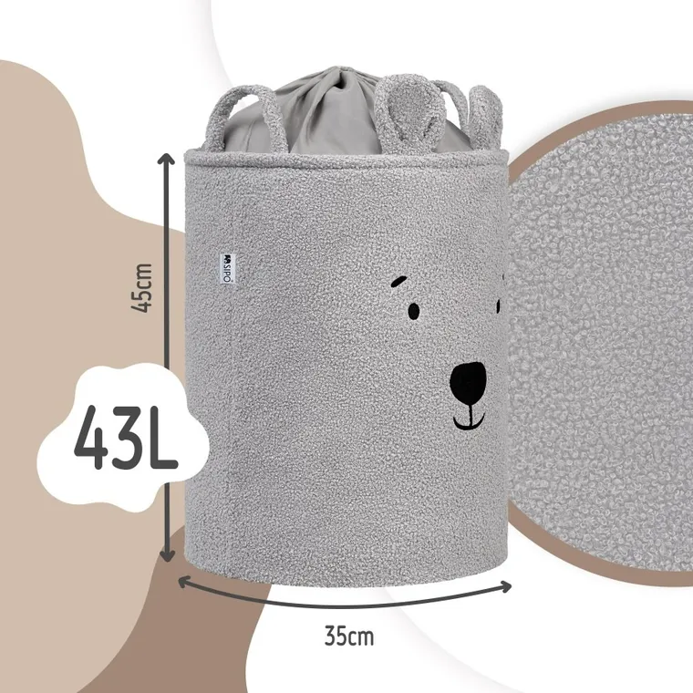 Sipo, Miś, kosz na zabawki XL, premium boucle, zamykany na ściągacz, szary
