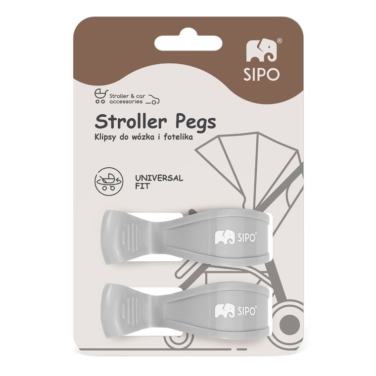 Sipo, zestaw uniwersalnych klipsów do wózka, szare, 2 szt.