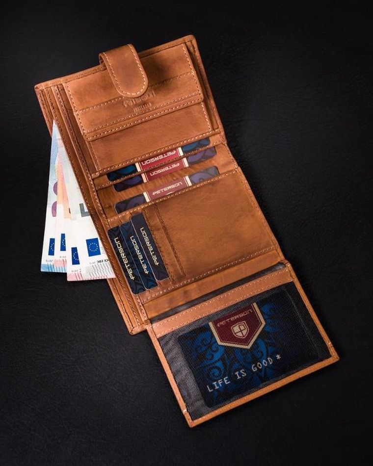 Skórzany, zapinany portfel męski na karty, Peterson