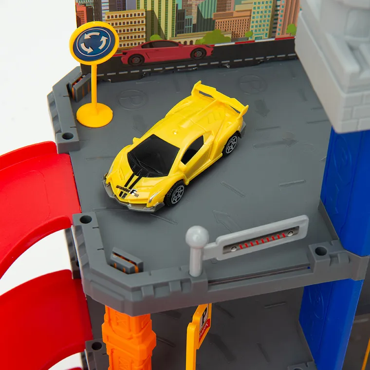 Smiki, tor wyścigowy z parkingiem i windą, zestaw z pojazdami, 68 elementów