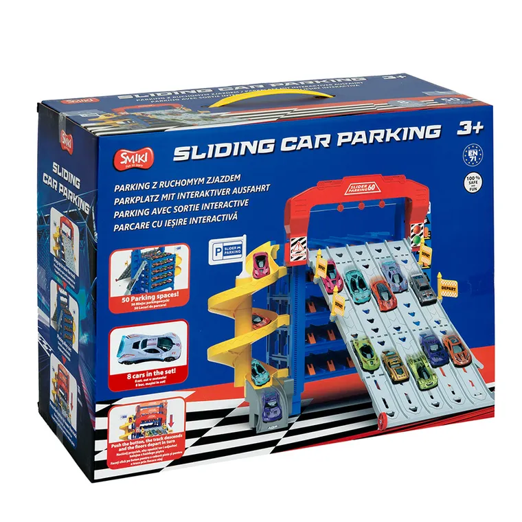 Smiki, wielopoziomowy parking ze zjeżdzalnią i pojazdami