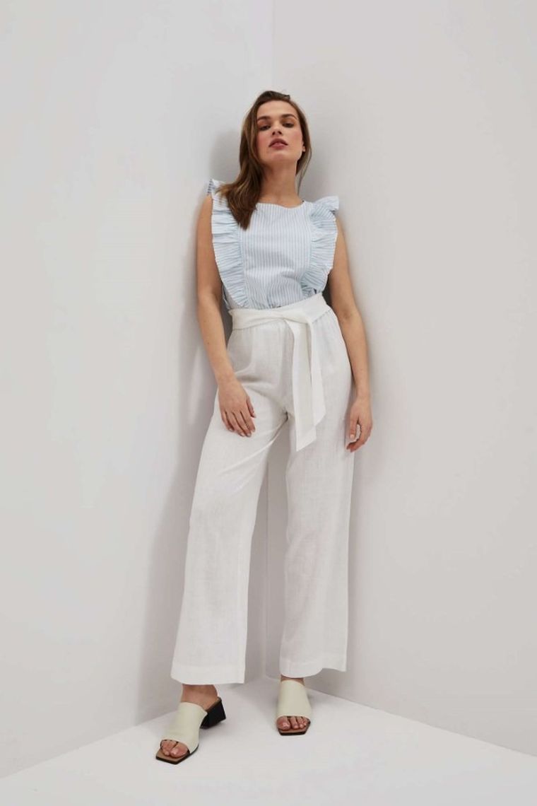 Spodnie materiałowe damskie z lnem, białe, Moodo